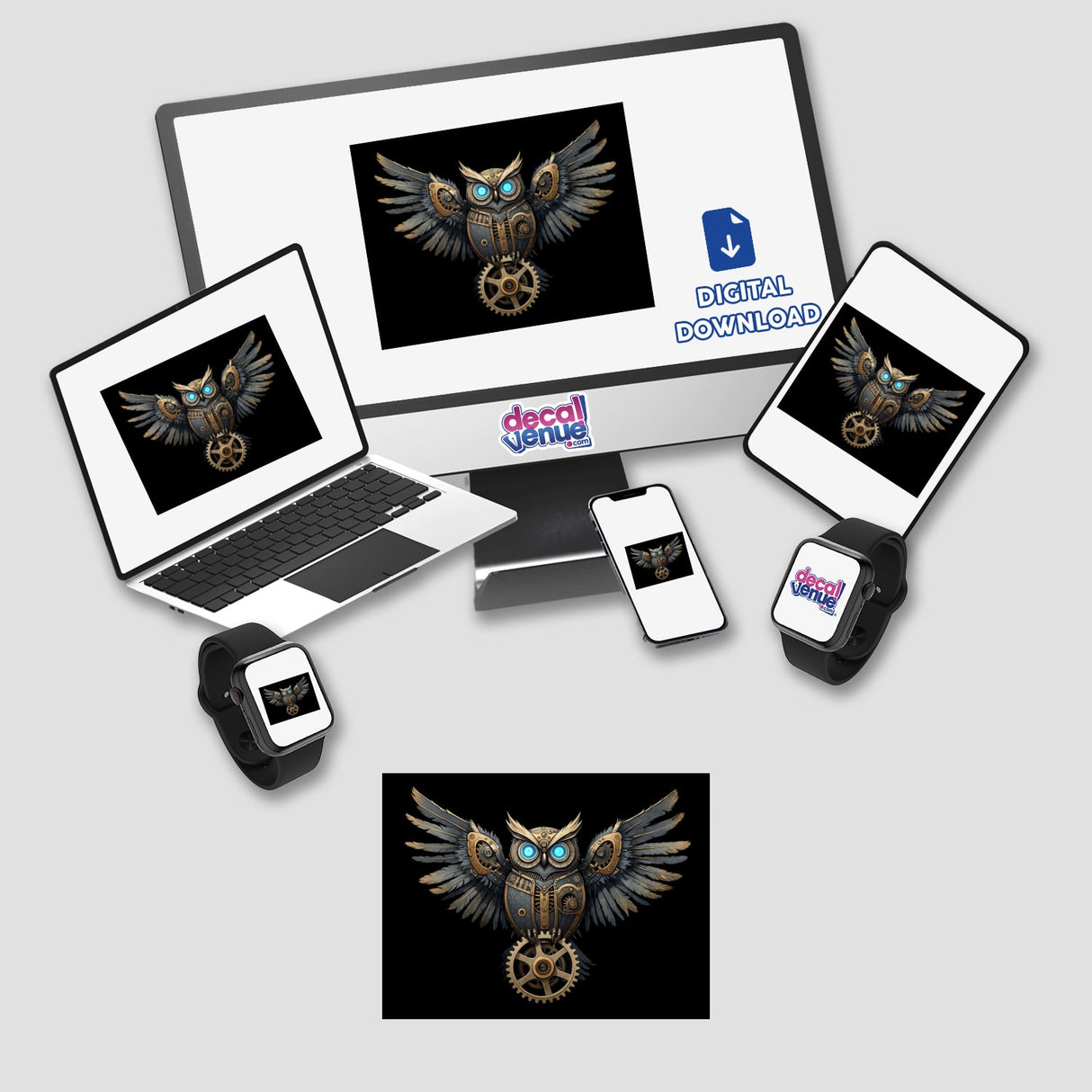 Mechanical Steampunk Owl with Glowing Eyes and Gear Accents displayed on electronic screens, emphasizing its intricate design available as unique stickers or digital artwork.