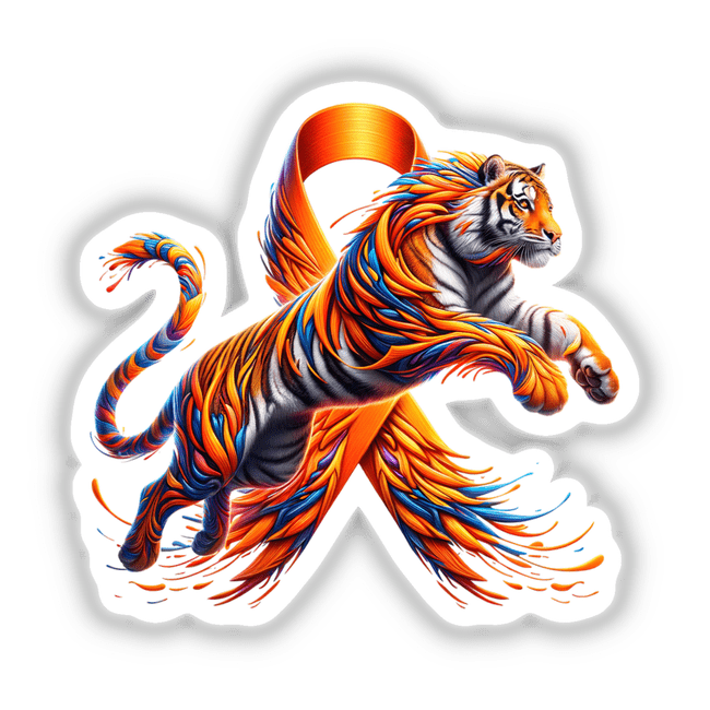 Tiger Orange Ribbon Leukemia Awareness design featuring a cartoon tiger adorned with colorful feathers, available as stickers or digital artwork, ideal for expressing support and awareness creatively.