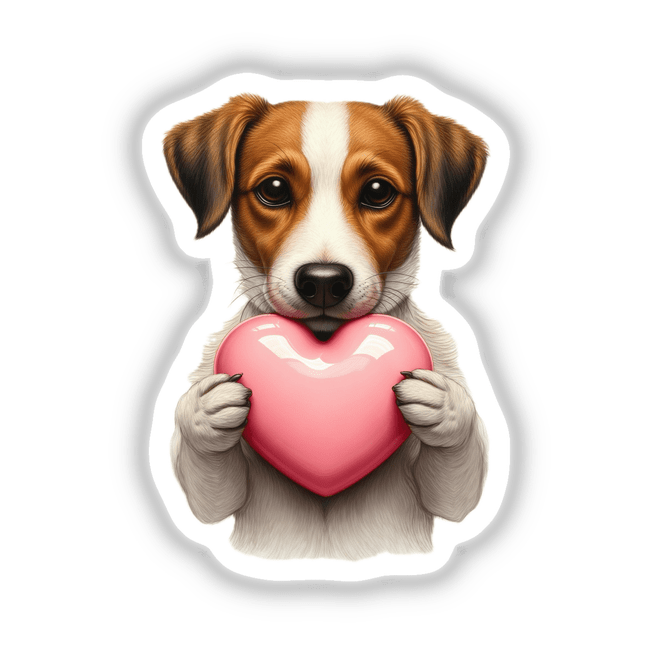 Jack Russell Terrier holding a pink heart, available as a sticker or digital artwork, showcasing Decal Venue's unique vinyl stickers and digital art collection.