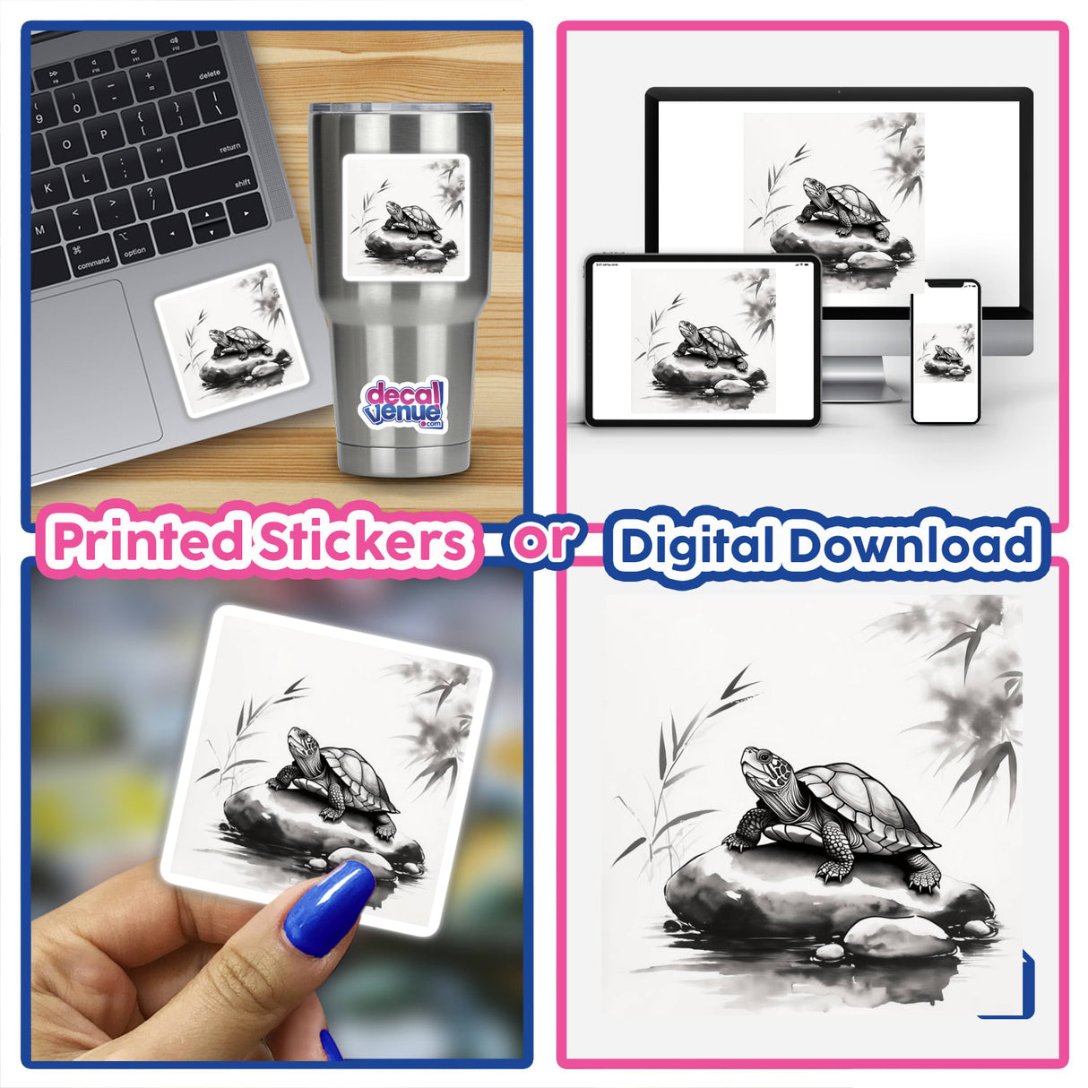 Sumi-e Turtle Resting on River Rock Traditional Japanese Watercolor, available as stickers or digital artwork, depicts a serene turtle on a rock, embodying the elegance of traditional Japanese watercolor art.