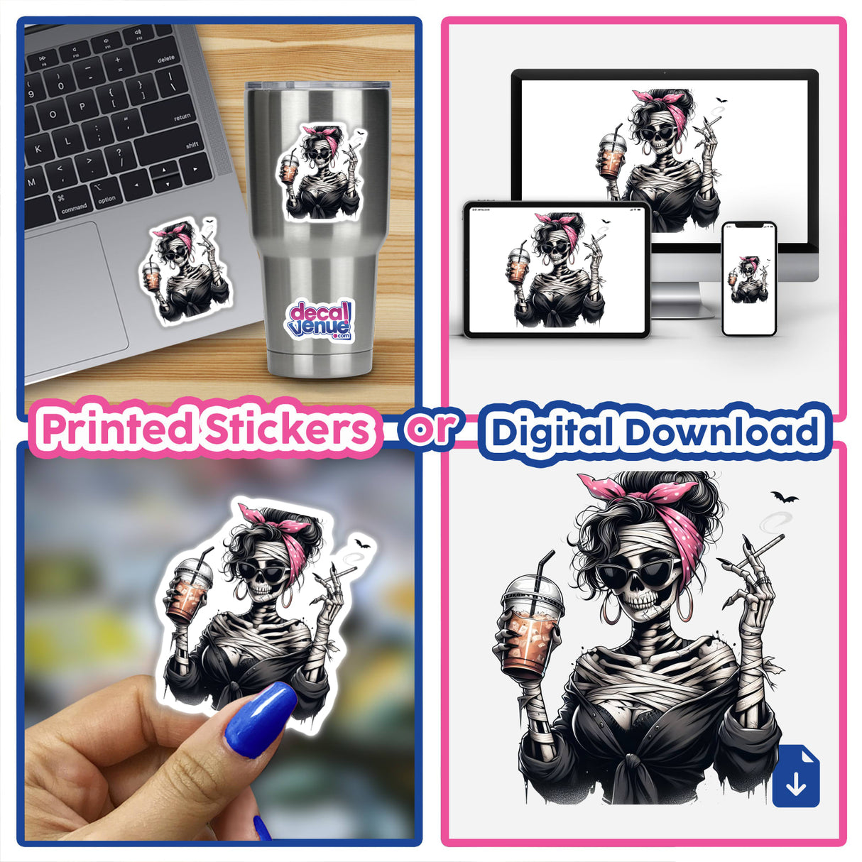 Stylized digital artwork featuring a spooky skeletal mummy figure in Halloween-themed design, available as printed stickers or digital download format