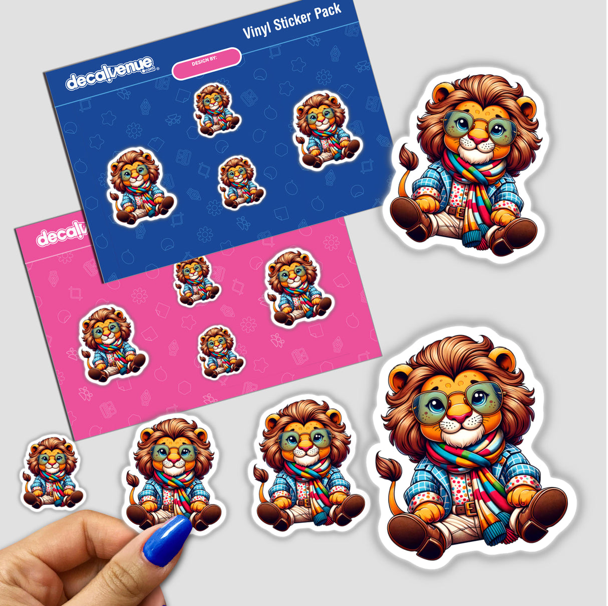 Stylish Lion cartoon stickers featuring lions with glasses, scarves, and sunglasses, available as unique decals or digital artwork from Decal Venue.