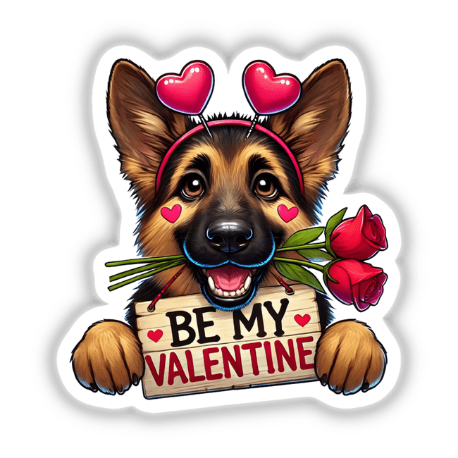 German Shepherd Be My Valentine: cartoon dog holding a sign with roses and hearts. Available as stickers or digital artwork, perfect for expressing love with a playful touch.