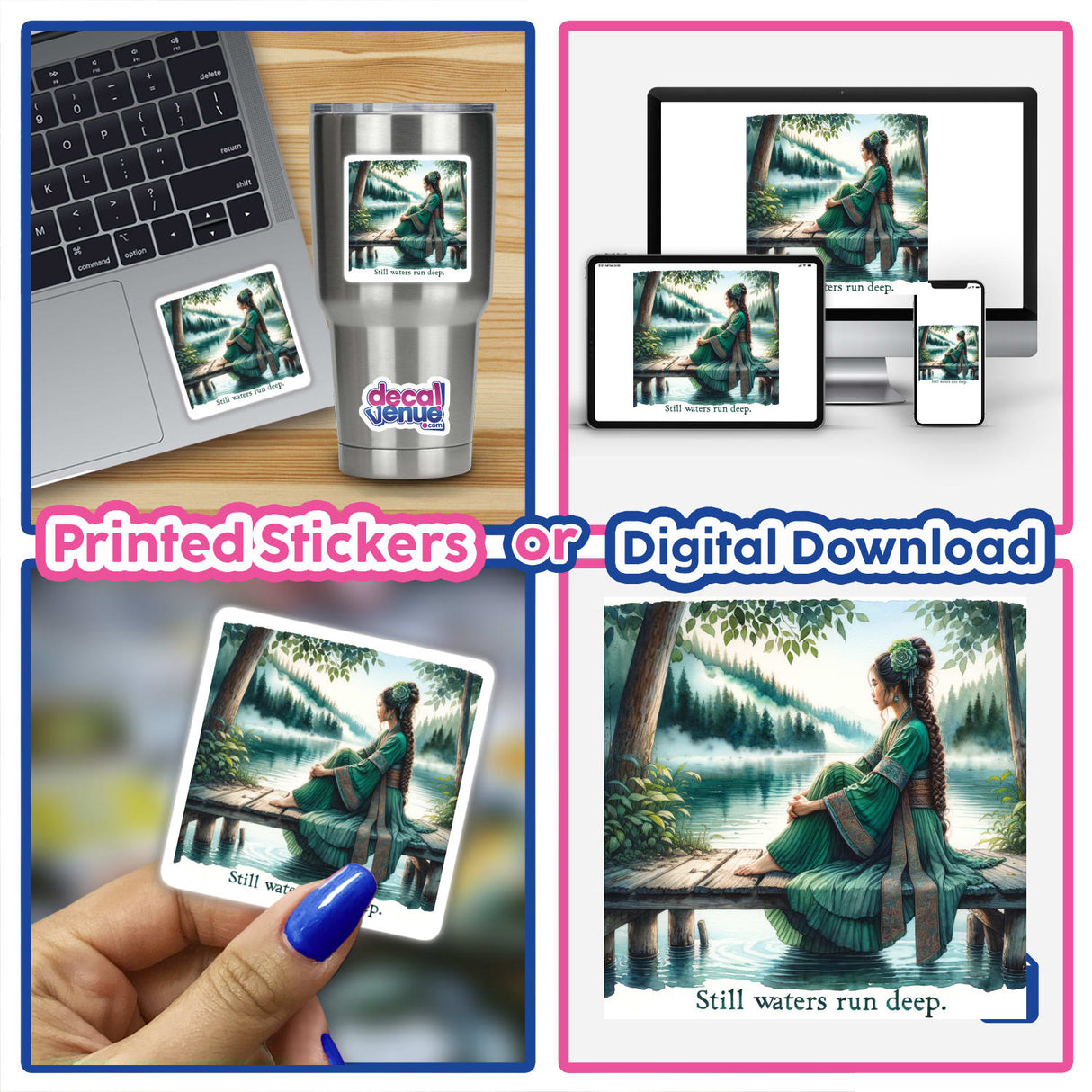 Collage of a laptop displaying Woman on a Wooden Pier by a Lake – Still waters run deep artwork, available as stickers or digital artwork, featuring a woman sitting on a dock.