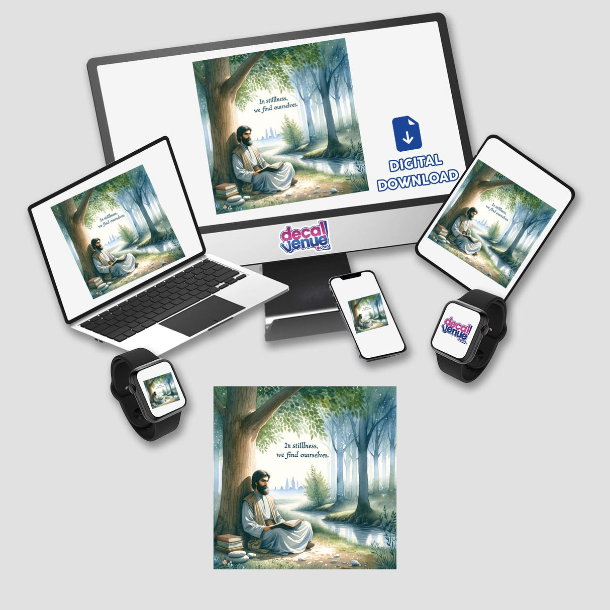 Calm Man Under a Tree – “In stillness, we find ourselves” depicted on laptop, monitor, and tablet showcasing a serene scene, available as stickers or digital artwork from Decal Venue.