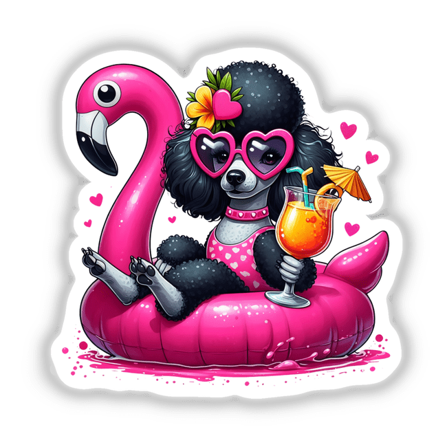 Summer Black Poodle Sitting in Flamingo Float depicted as a whimsical design available as stickers or digital artwork, showcasing a playful poodle lounging in a flamingo-shaped float.