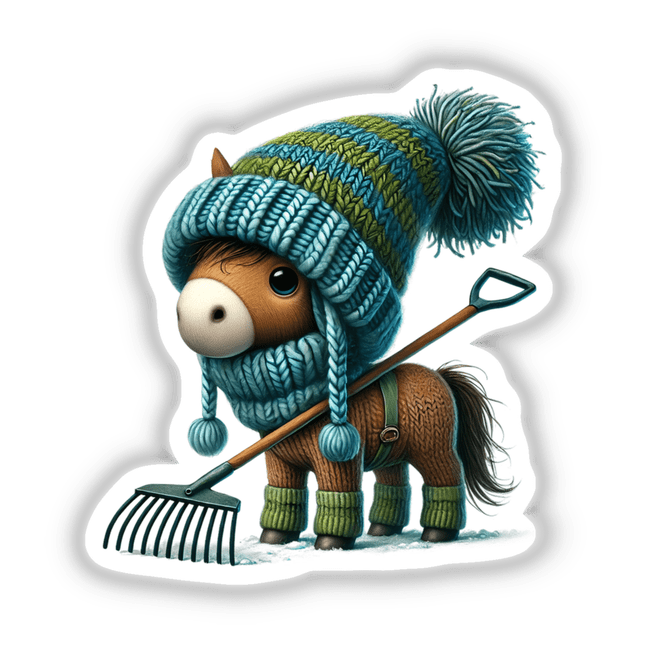 Horse Gnome with Rake: A whimsical cartoon of a horse wearing a hat and scarf, holding a rake. Available as stickers or digital artwork.