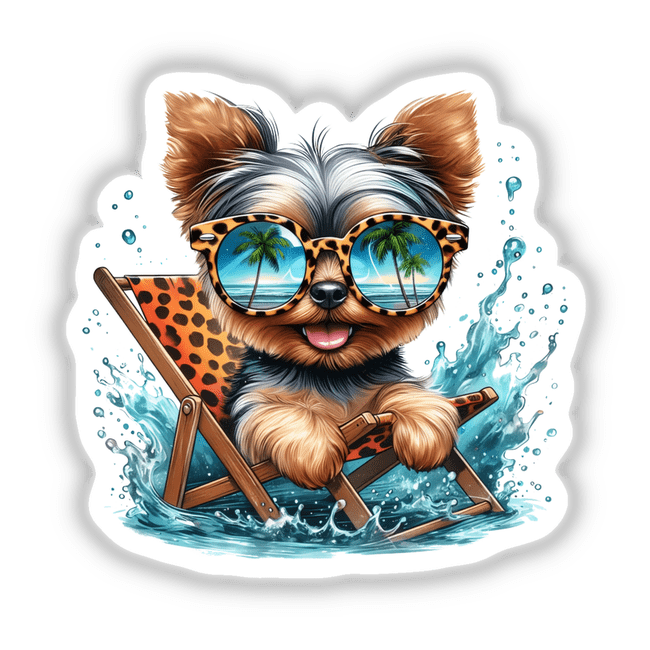 Peeking Yorkie Dog Sitting in Beach Chair II: Illustration of a Yorkshire Terrier on a beach chair, wearing sunglasses with palm tree reflections. Available as a sticker or digital artwork.
