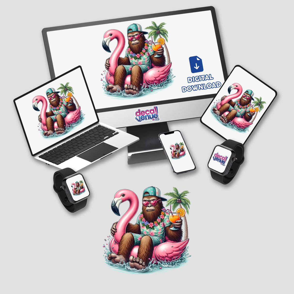 Sasquatch Floating in Flamingo Float: A computer and laptop display a whimsical cartoon of Sasquatch lounging on a flamingo float, available as stickers or digital artwork from Decal Venue.