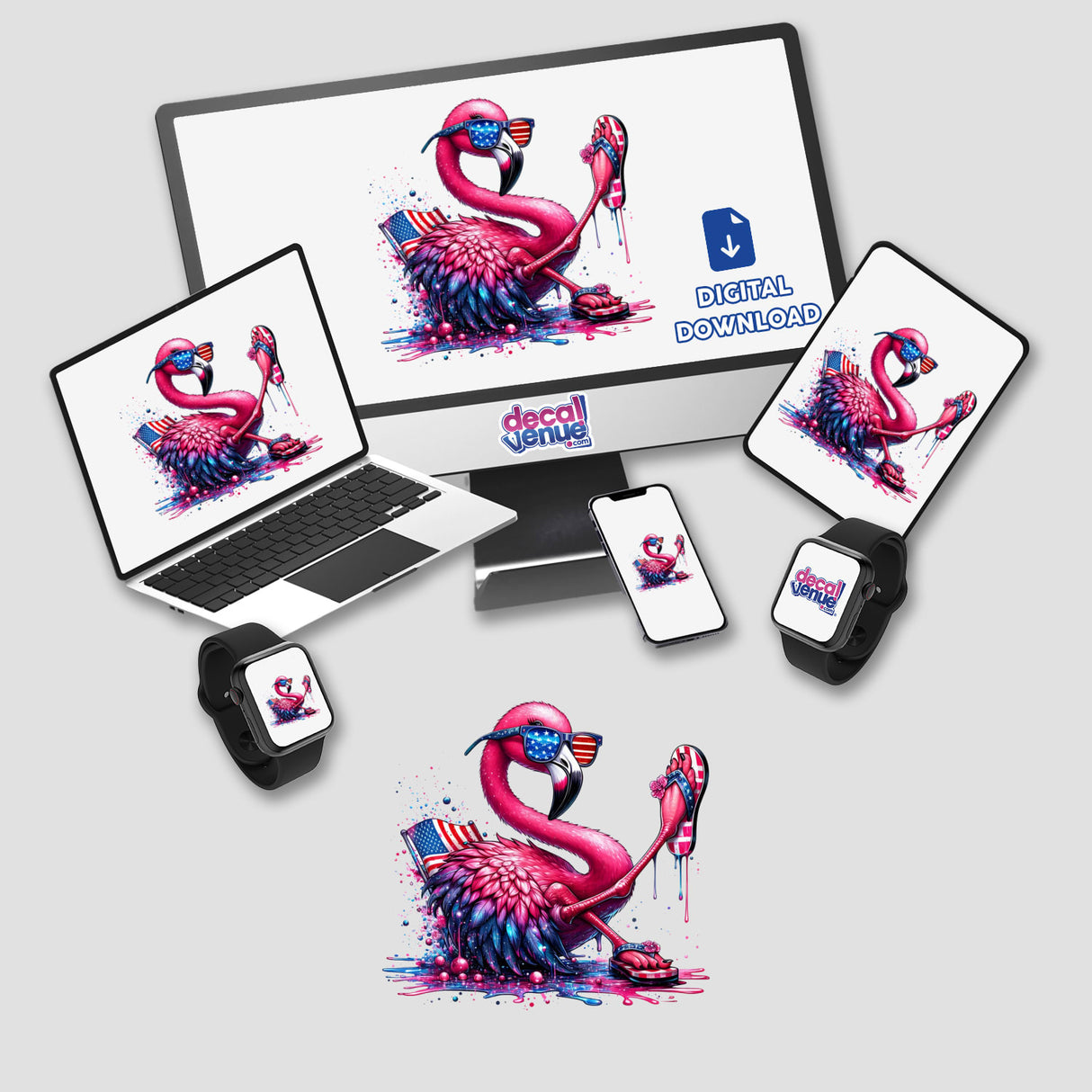 American Flamingo Dripping in Glitter: A playful cartoon of a flamingo adorned with sunglasses and flip flops, available as stickers or digital artwork from Decal Venue.