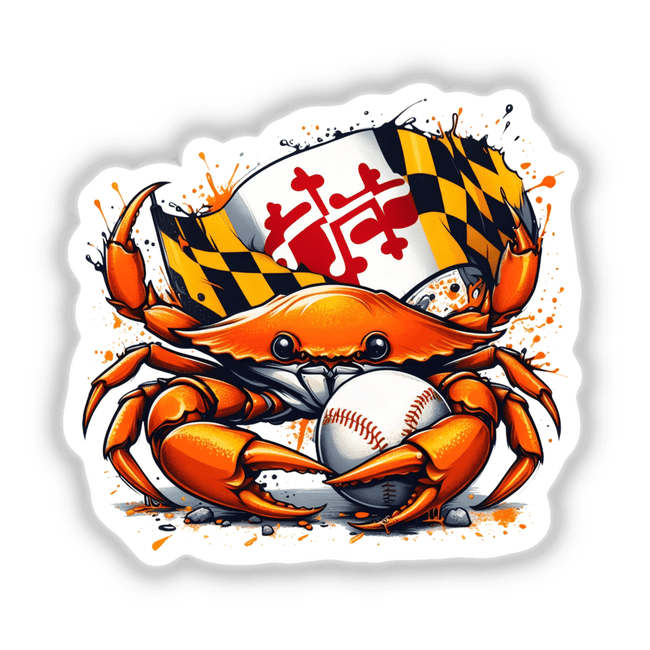Maryland Steamed Baseball Blue Crab cartoon holding a baseball and flag, offered as stickers or digital artwork, embodying Decal Venue's unique vinyl and digital art style.