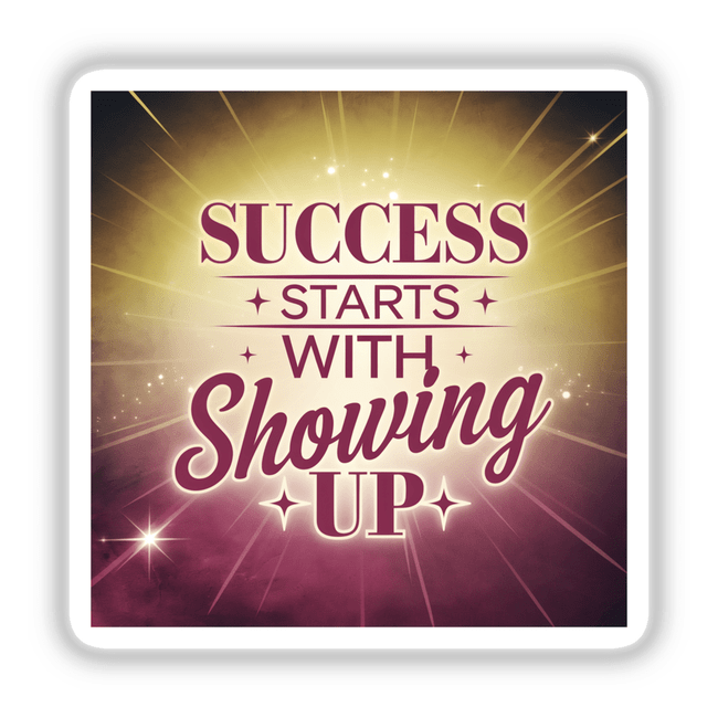 Square card featuring the text SUCCESS STARTS WITH SHOWING UP in bold font, available as stickers or digital artwork from Decal Venue, known for unique vinyl stickers and digital art.