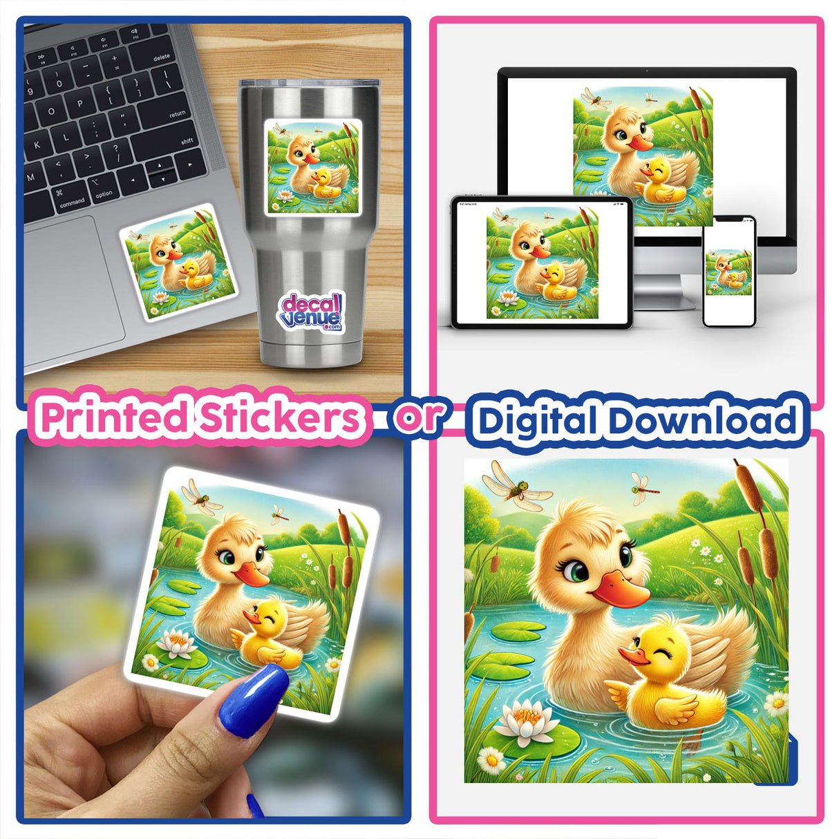 Mother Duck with Duckling Swimming in Water depicted as a silver mug design, showcasing a serene scene available as vinyl stickers or digital artwork from Decal Venue.