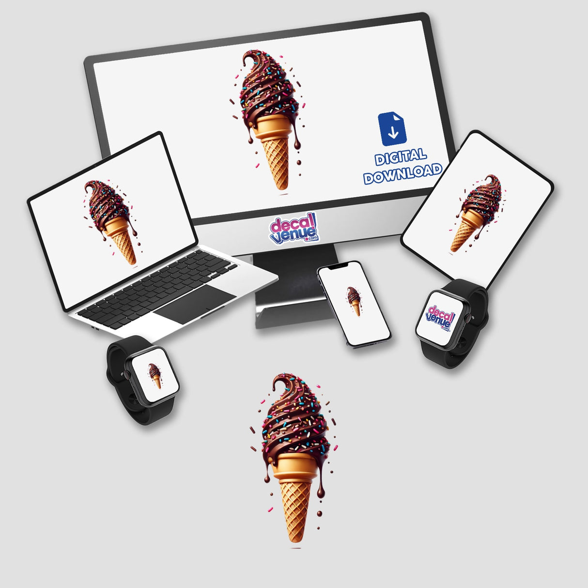 Chocolate ice cream cone with colorful sprinkles, featured on various digital devices showcased by Decal Venue, an online store offering unique stickers and digital art.