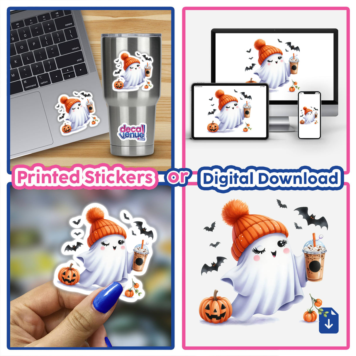 Cute Pumpkin Ghost with Coffee and Bats: Whimsical digital artwork featuring a friendly ghost holding a pumpkin and coffee cup, surrounded by bats.