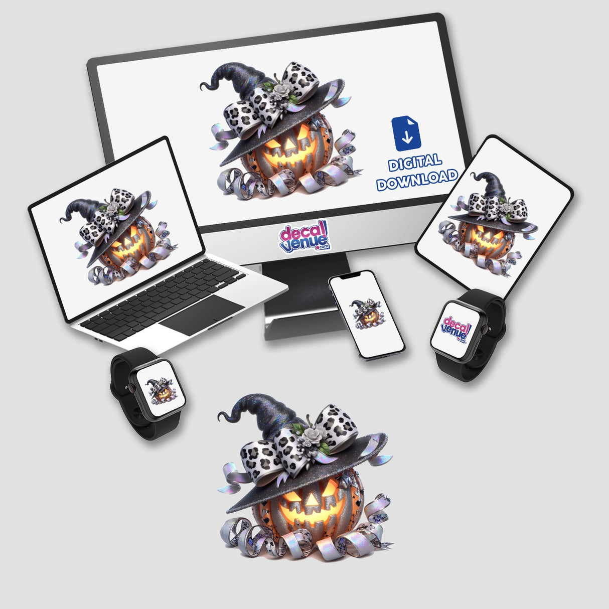Glowing light Halloween pumpkin with leopard print bow and ribbon, digital artwork product displayed across multiple devices