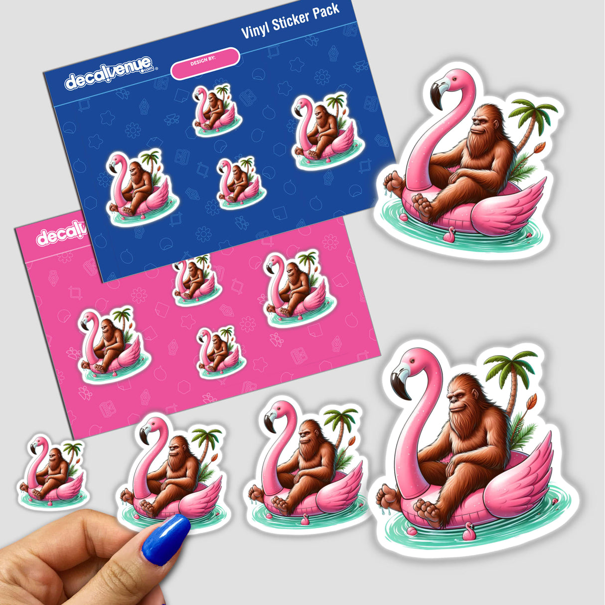 Sasquatch in Flamingo Float sticker pack featuring playful cartoon depictions of a yeti on a flamingo float, perfect for adding whimsical charm to your collection. Available as stickers or digital artwork.