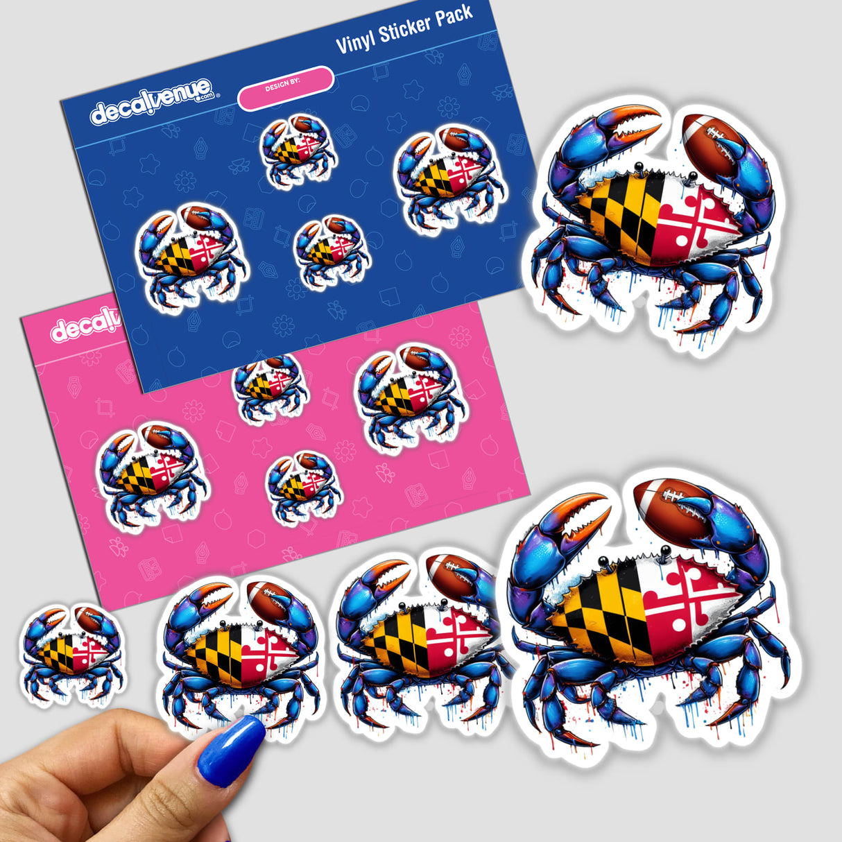 Maryland Football Splatter Blue Crab sticker features a cartoon crab holding a football and flag, available as stickers or digital artwork, embodying Decal Venue's unique vinyl sticker collection.