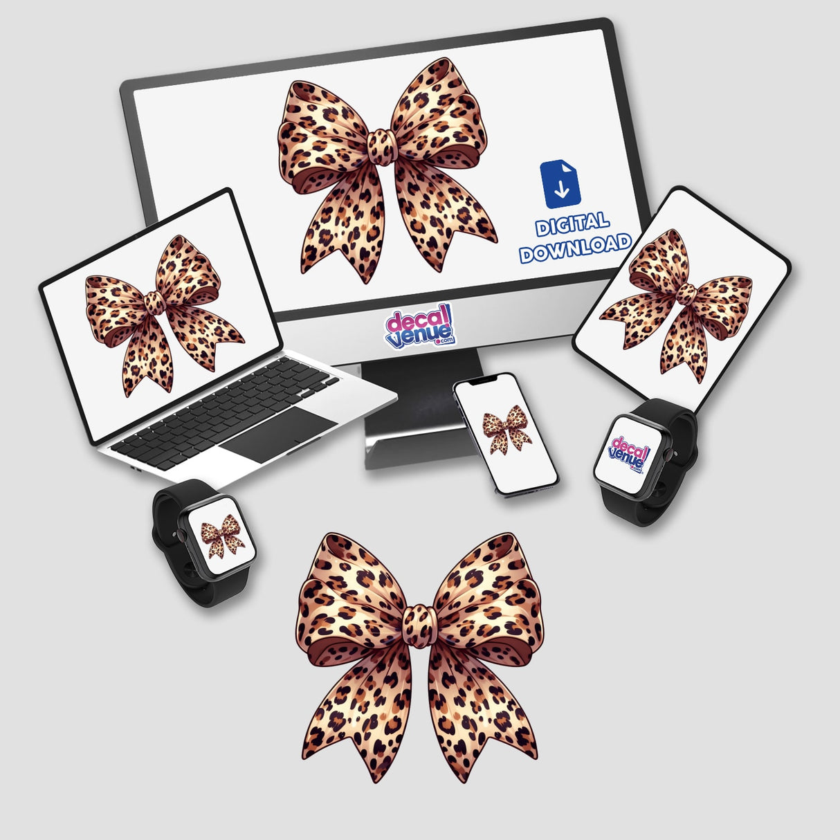 Leopard Print Coquette Bow displayed on a laptop and cell phone, featured as vinyl stickers or digital artwork from Decal Venue, highlighting its unique and stylish design.