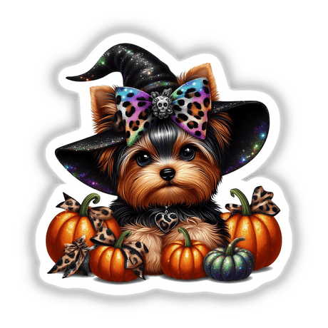 Halloween Yorkie Witch with Pumpkins: A cute dog wearing a witch hat surrounded by pumpkins, available as stickers or digital artwork.