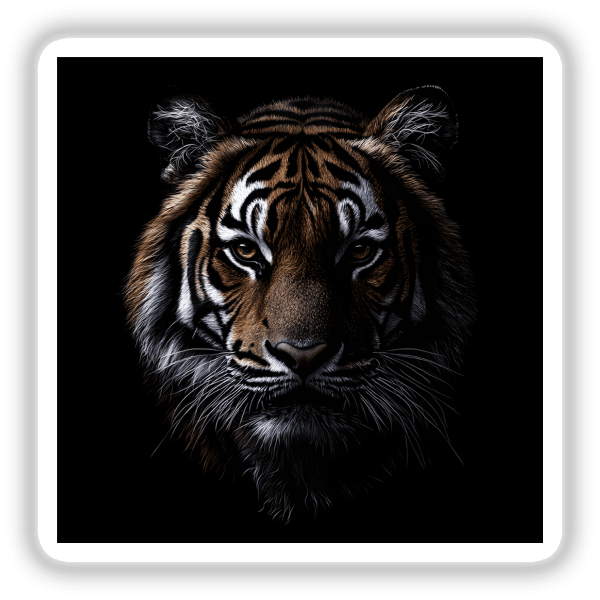 Cinematic Tiger Portrait on Black Background featuring a close-up of the tiger's face, emphasizing its fierce gaze and detailed fur. Available as stickers or digital artwork from Decal Venue.
