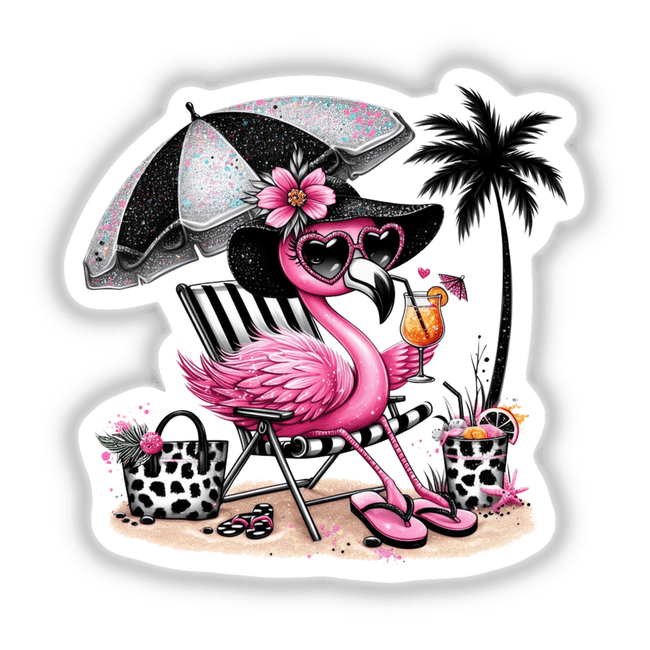 Sassy Beach Flamingo All That Glitters is Pink: A whimsical illustration of a flamingo lounging on a beach chair, accessorized with sunglasses, a beach umbrella, and drink, available as stickers or digital artwork.
