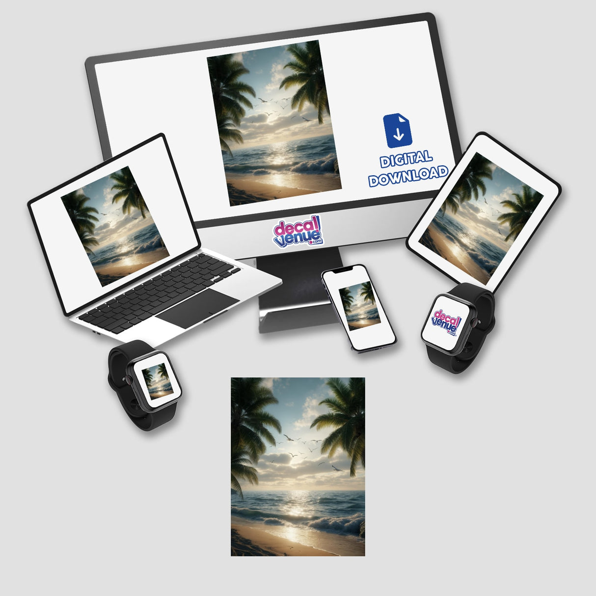 Tropical Sunset Seagulls Over Ocean Waves displayed on a computer monitor and laptop screen, highlighting the serene beach scene available as stickers or digital artwork at Decal Venue.
