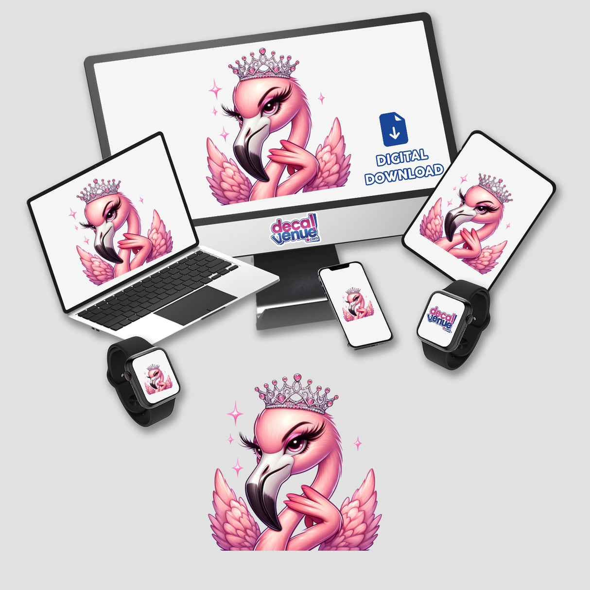 Sassy Princess Flamingo depicted as a whimsical character, available as a sticker or digital artwork, showcasing its unique design, fitting the playful and artistic theme of Decal Venue's offerings.