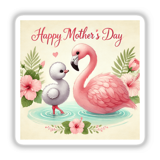 Happy Mother's Day Flamingo and Ducklings Illustration features a pink flamingo with ducklings in water, adorned with flowers, available as unique vinyl stickers or digital artwork from Decal Venue.