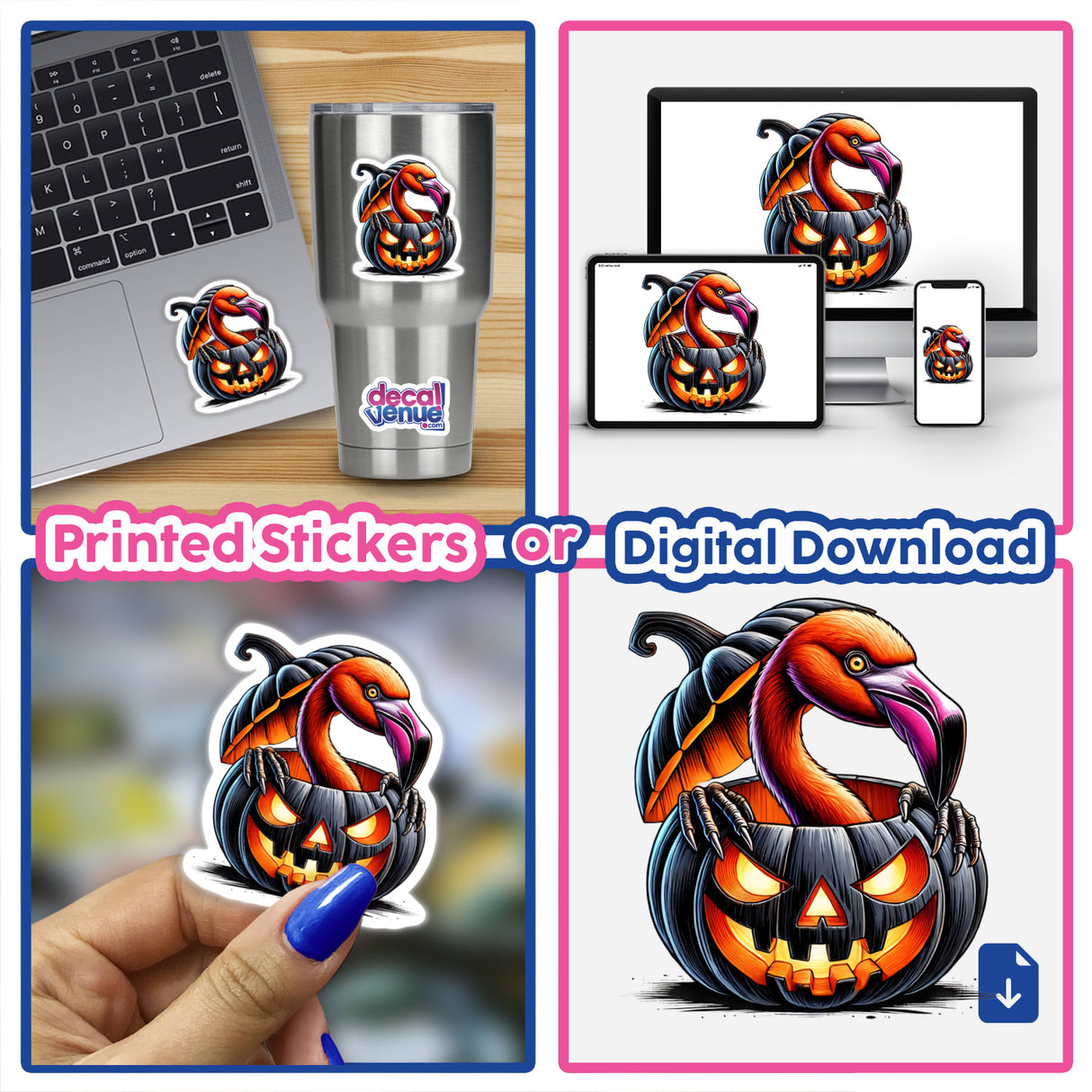 Vibrant pumpkin-shaped digital artwork with a flamingo design, showcased on various electronic devices and accessories.
