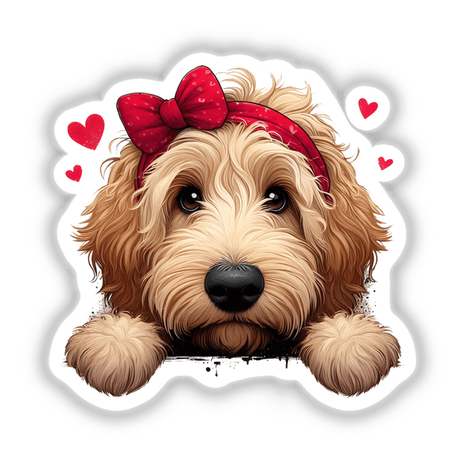 Peeking Goldendoodle Hearts: A terrier with a bow on its head, close-up of its nose and eye. Available as stickers or digital artwork from Decal Venue.