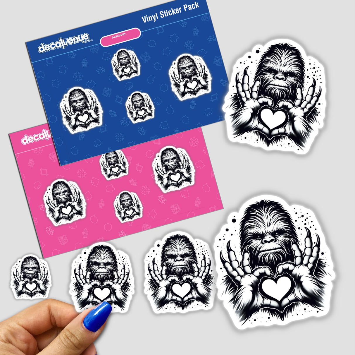 Sasquatch Heart Hands design available as stickers or digital artwork, showcasing a Sasquatch figure forming a heart shape with its hands, reflecting Decal Venue's unique vinyl art style.