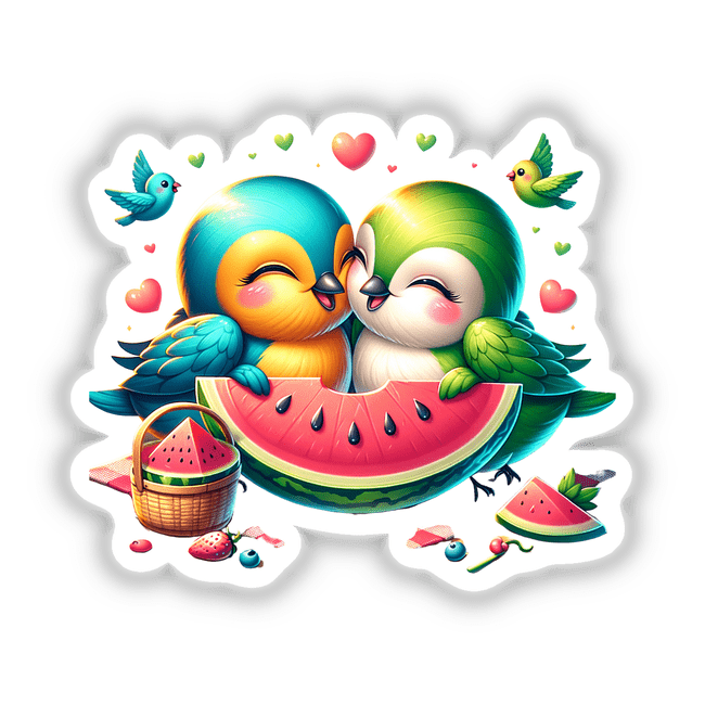 Two Lovebirds Sharing a Watermelon