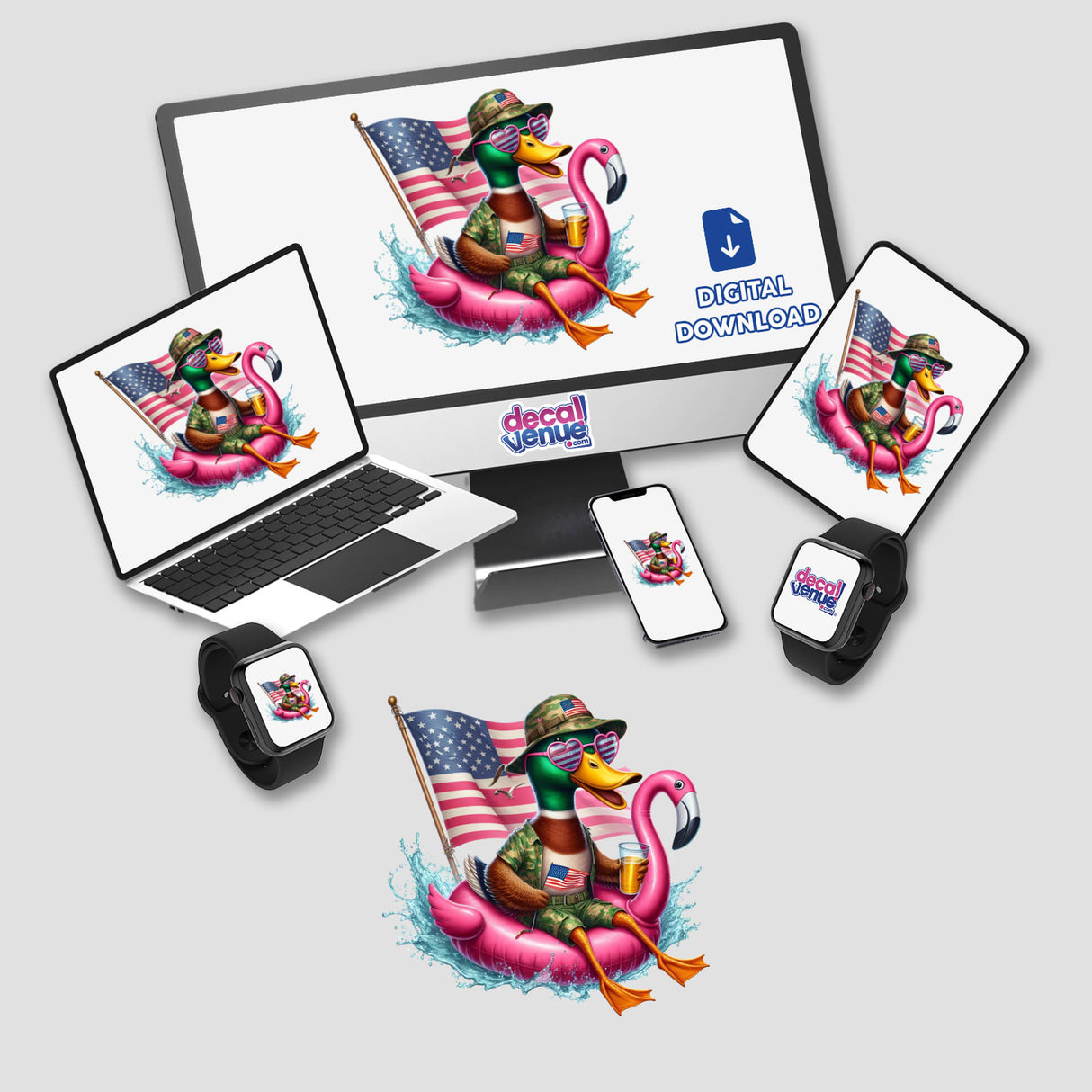 American Mallard Duck in Camo on Flamingo Float displayed on a computer monitor, laptop, smartphone, and smartwatch. Available as stickers or digital artwork.