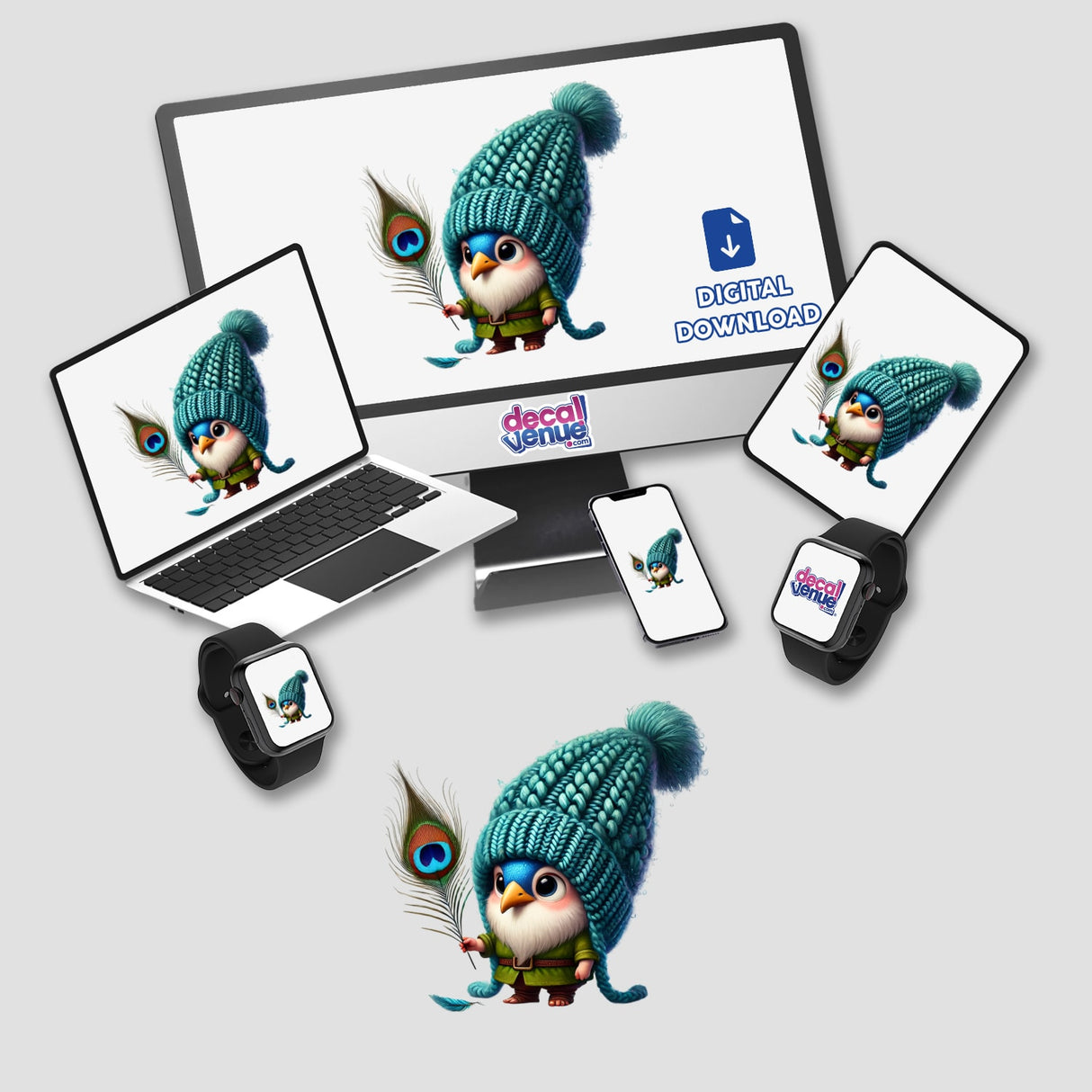 Peacock Gnome with Feather digital artwork displayed on a computer monitor and laptop, featuring a cartoon character perfect for unique stickers or digital art.