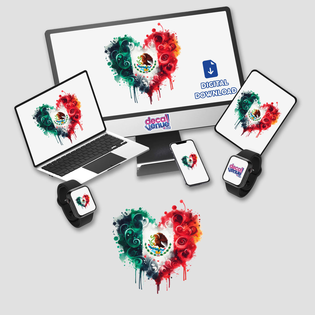 Watercolor Mexican Flag Heart displayed on a computer monitor and laptop, available as stickers or digital artwork.