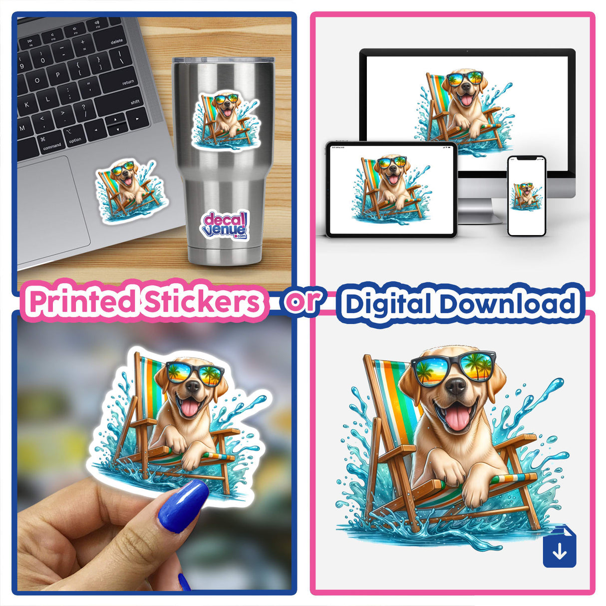 Peeking Lab Sitting in Beach Chair collage featuring a dog wearing sunglasses in a chair, with a laptop showcasing a sticker. Available as stickers or digital artwork.