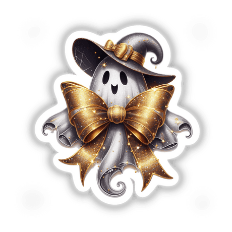 Fancy Golden Bow Ghost: Cartoon ghost with a gold and silver hat and bow, available as stickers or digital artwork.
