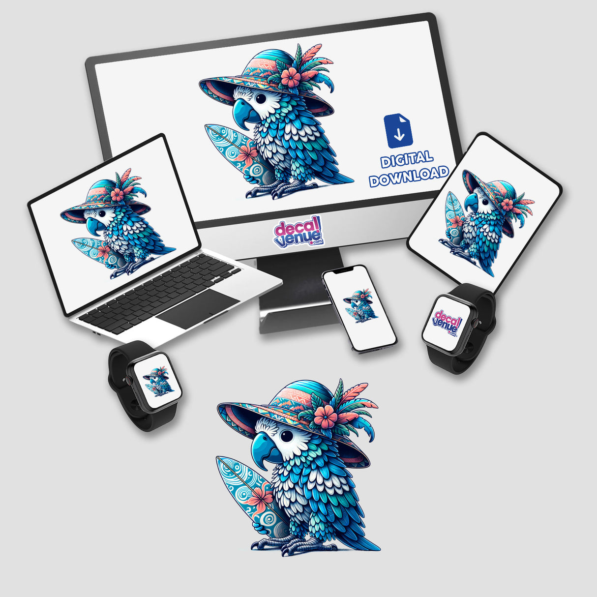 Parrot in Summer Beach Hat with Surfboard