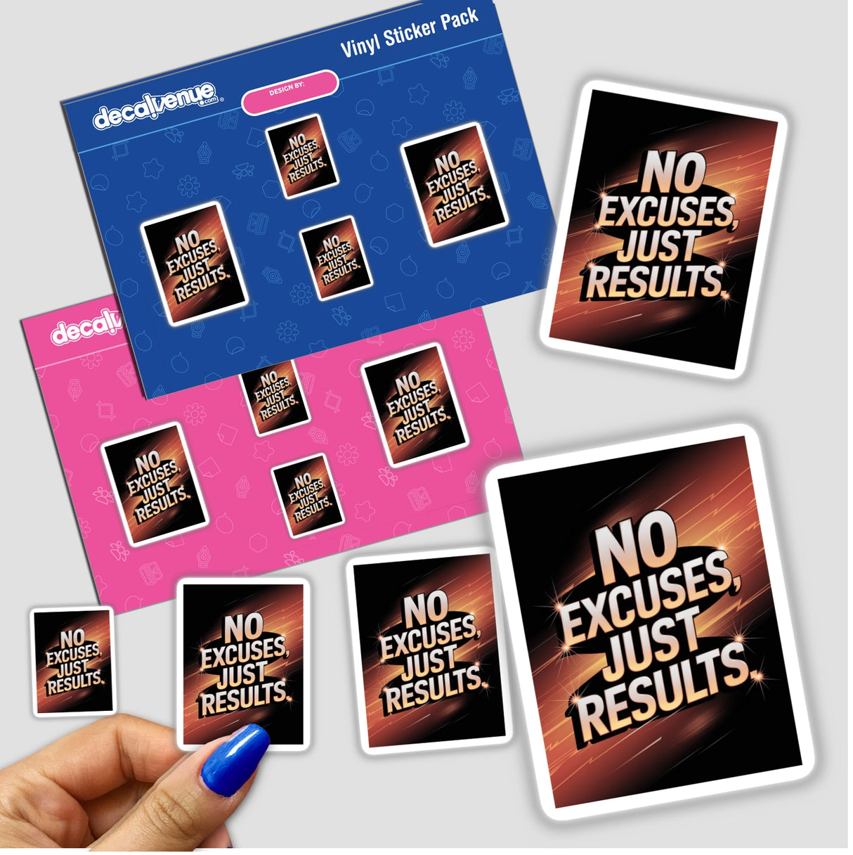 Hand holding a sticker pack featuring No excuses, just results text, showcasing signature designs from Decal Venue, known for unique vinyl stickers and digital art.