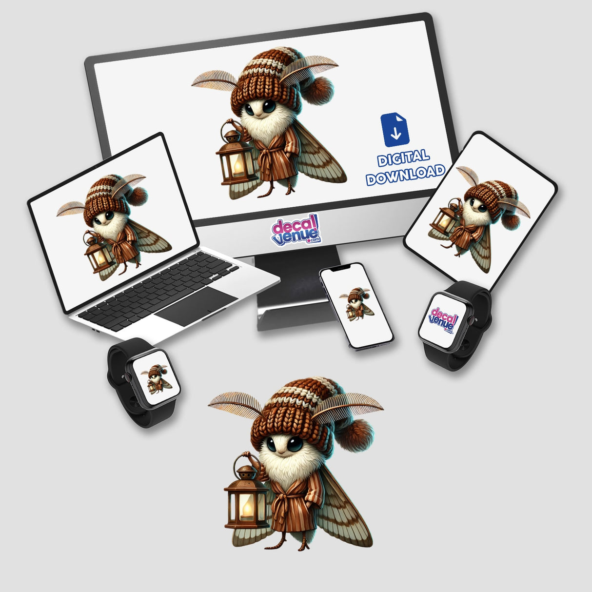 Moth Gnome Holding Lantern sticker or digital artwork displayed on various screens, including a computer monitor, laptop, phone, and smartwatch, showcasing a cartoon gnome with wings and a hat holding a lantern.
