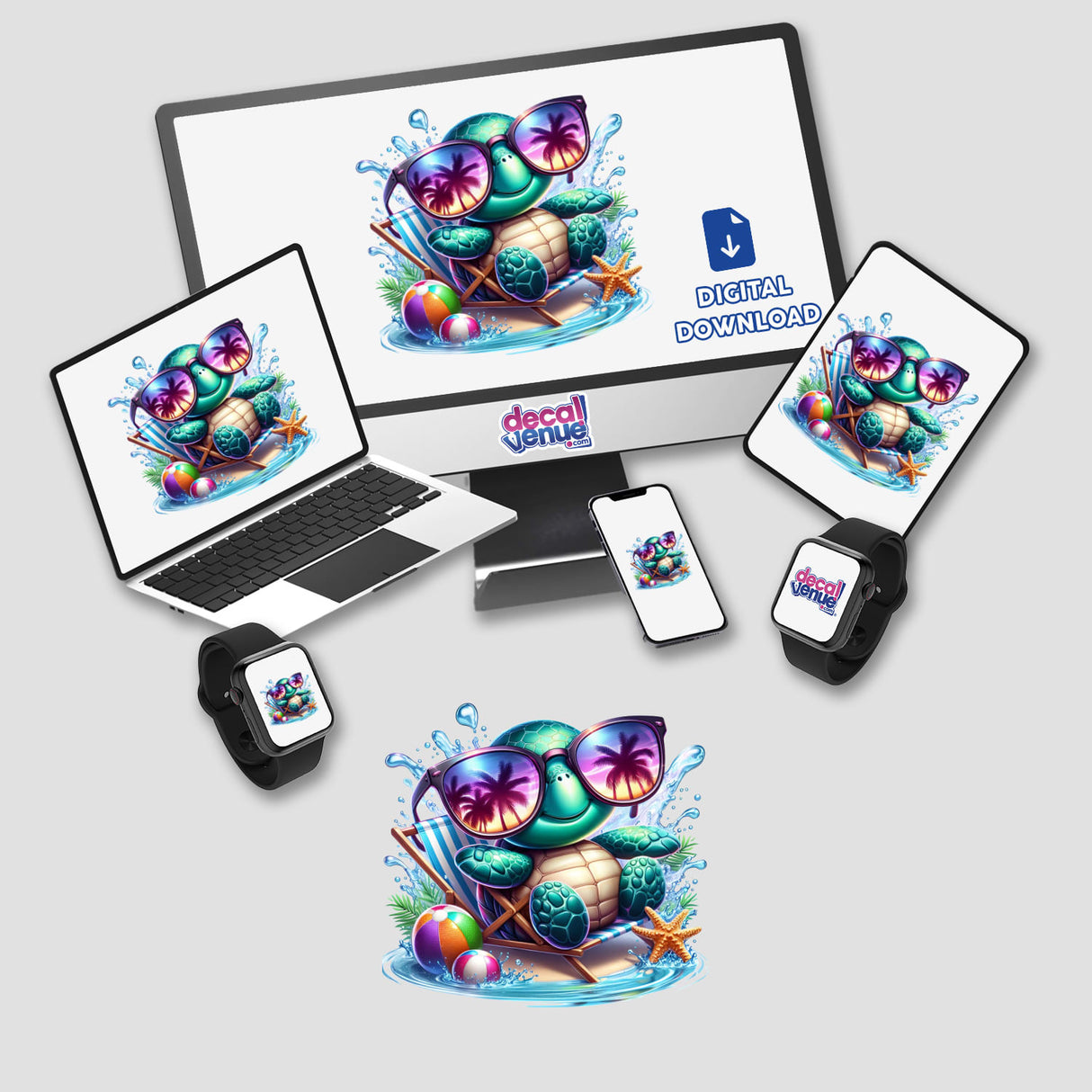 Sea Turtle Chillin in Beach Chair: A cartoon turtle wearing sunglasses, relaxing in a beach chair, displayed on multiple devices, showcasing its availability as stickers or digital artwork from Decal Venue.