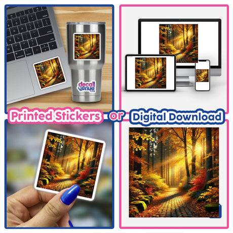 Golden Leaves - A Forest Path Covered in Autumn Foliage, featuring a collage of images with trees, digital devices, and close-ups, available as stickers or digital artwork.