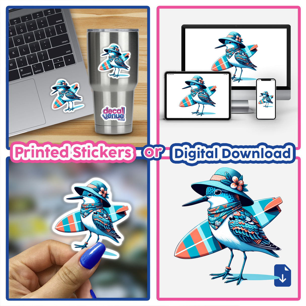 Sandpiper Bird Holding Surfboard in Summer Beach Hat