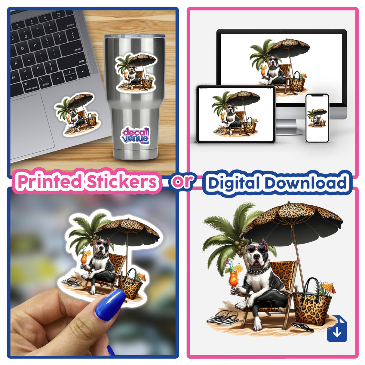 Pitbull Dog Having a Beach Day sticker, featuring a playful collage of a dog lounging on beach chairs under umbrellas, perfect for vinyl sticker collectors and digital art enthusiasts.