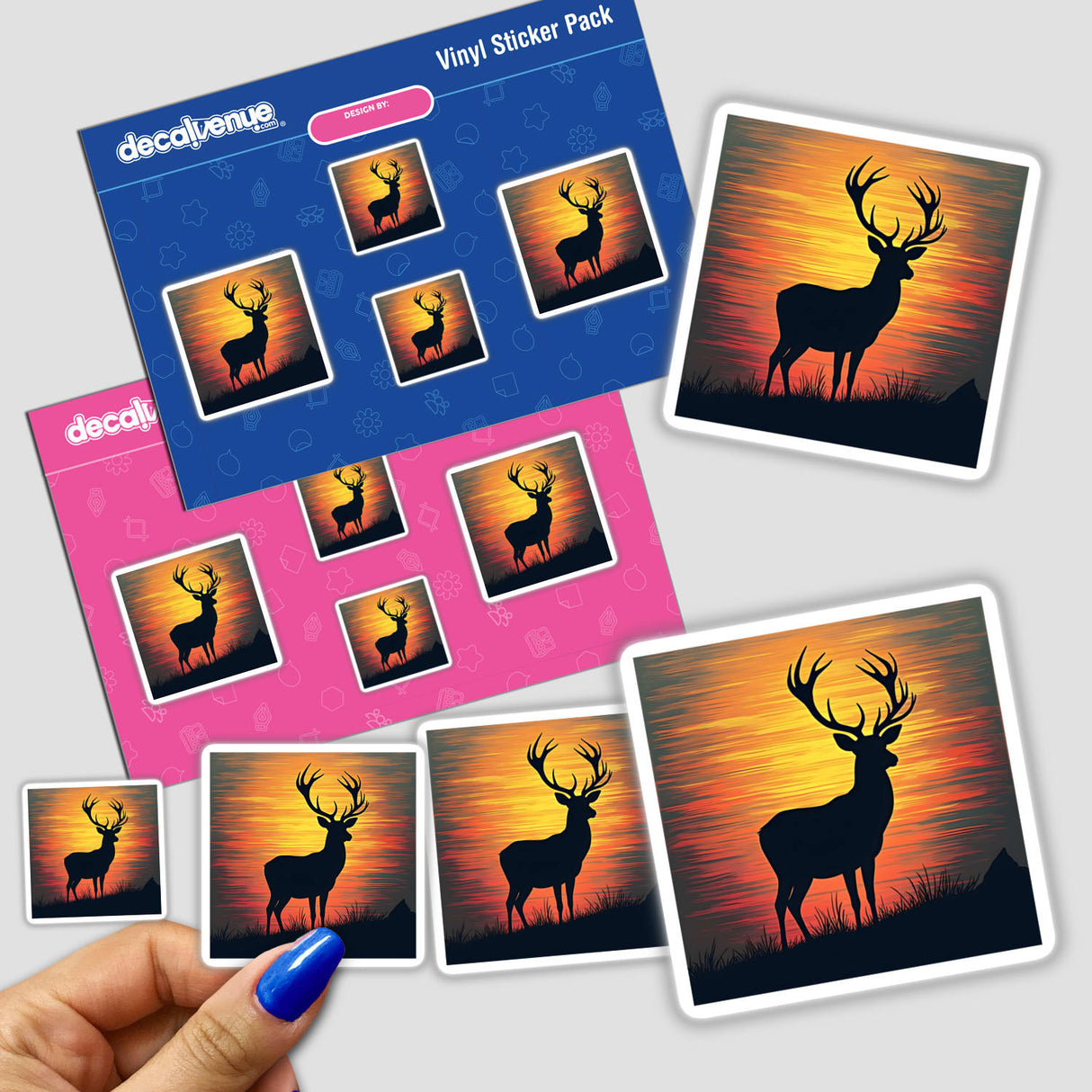Sticker pack titled Deer Silhouette with Bold Horizontal Stripes held in hand, featuring various deer silhouette designs with antlers. Available as stickers or digital artwork.