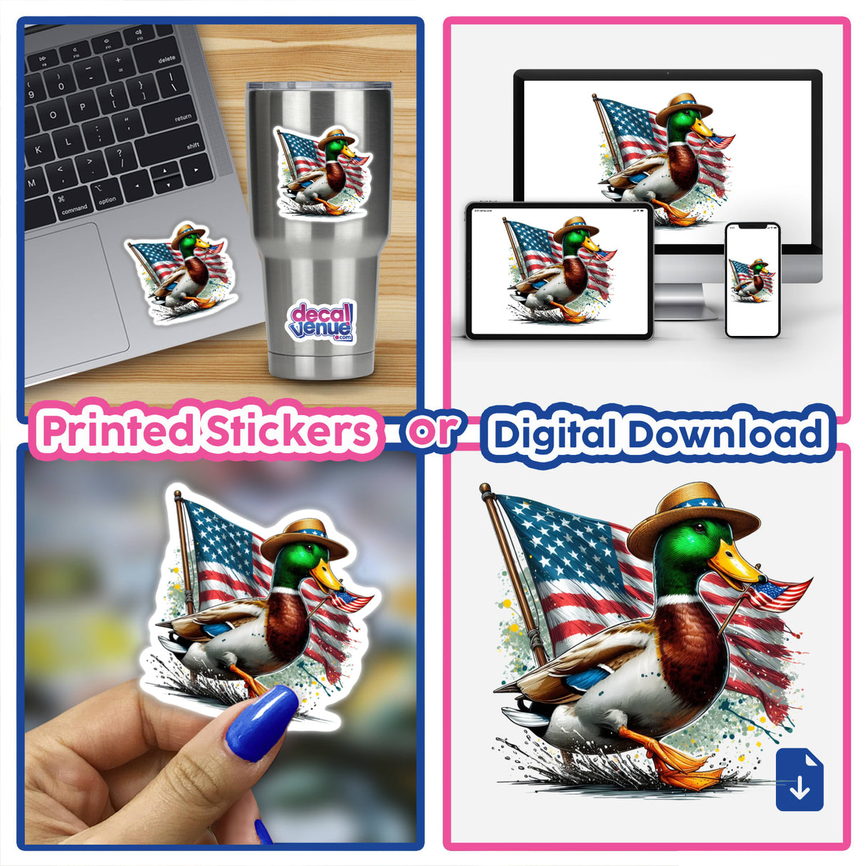 Mallard Duck American Flag Parade sticker featuring a cartoon duck wearing a hat, holding an American flag. Displayed on various surfaces, emphasizing versatility as a sticker or digital artwork.