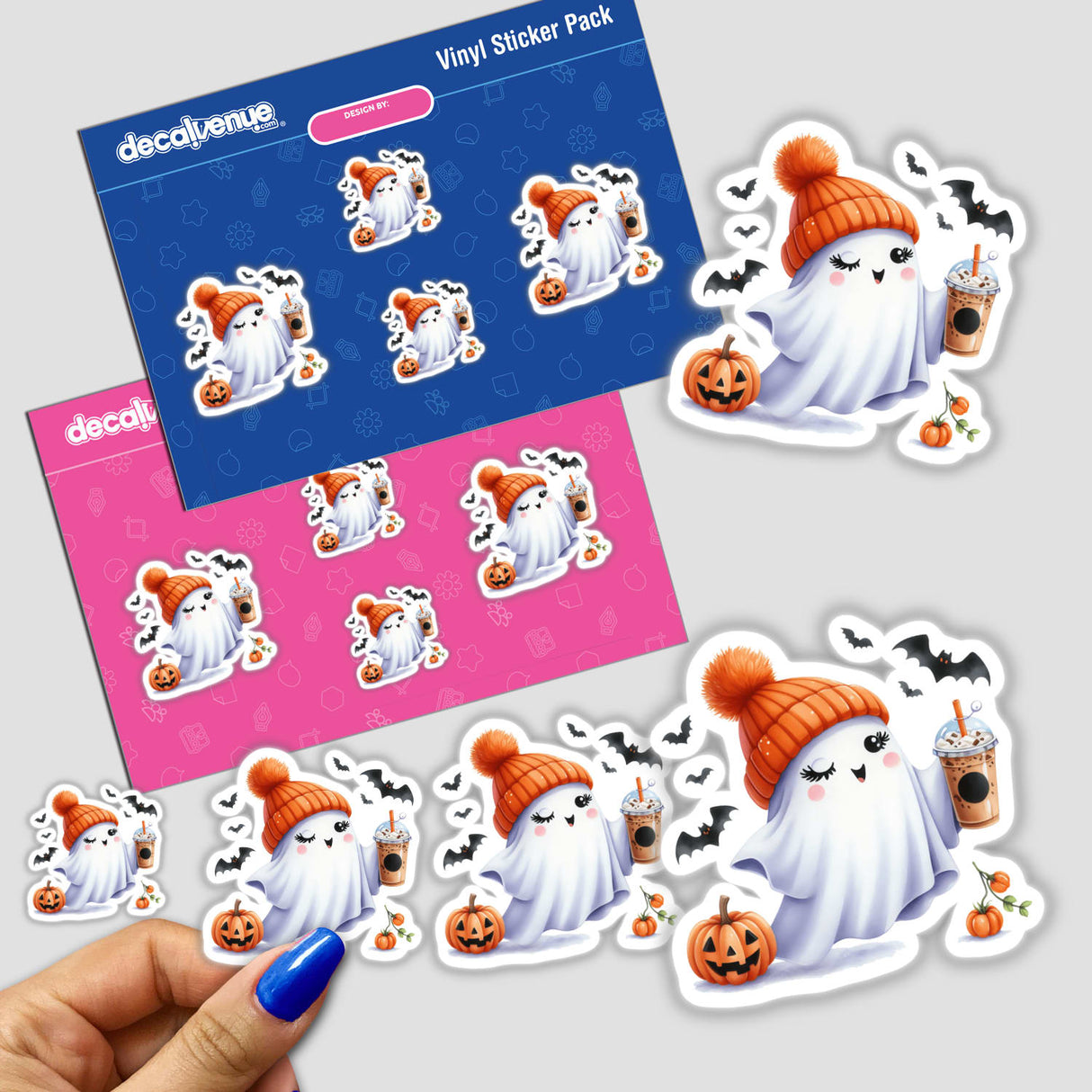 Cute Pumpkin Ghost with Coffee and Bats - Digital artwork featuring adorable Halloween-themed stickers from Ella Designz for Decal Venue store.