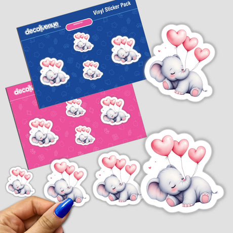 Sleepy Elephant on a Heart with Balloons: Stickers and envelopes featuring a whimsical baby elephant holding balloons, embodying charm and warmth, perfect for decorating surfaces or as digital artwork.