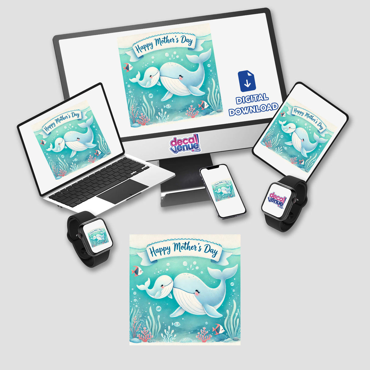 Happy Mothers Day Whales Underwater Illustration featuring a computer monitor and laptop displaying whale and fish imagery, available as stickers or digital artwork from Decal Venue.